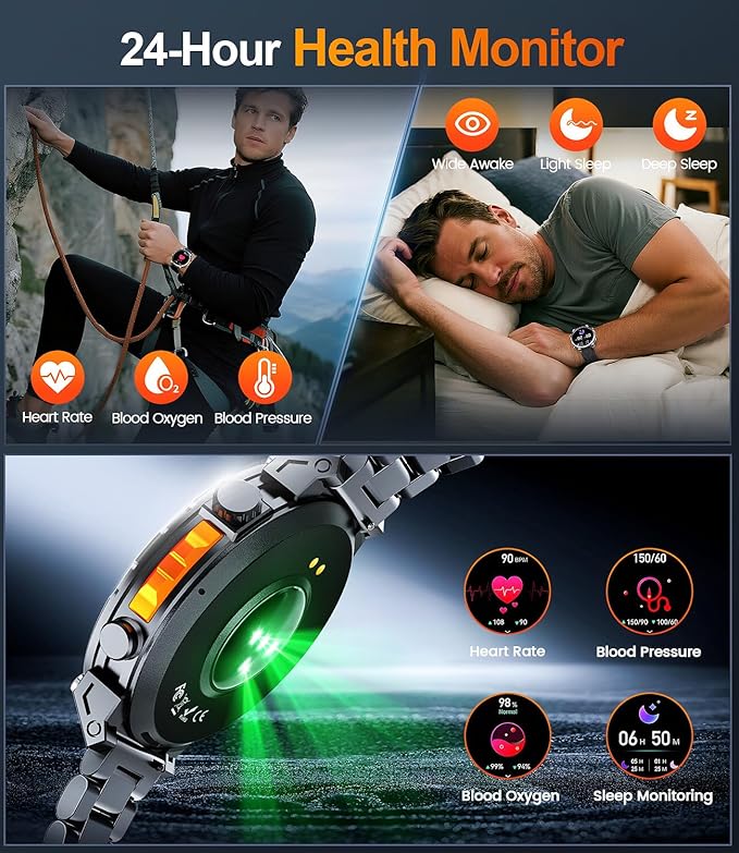 Military Smart Watches for Men GPS, 1.56" AMOLED Screen Bluetooth Call, Smartwatch for Android Phones and iPhone, 100+ Sport Modes, 3ATM Waterproof Smart Watch with Compass(Orange & Blue)