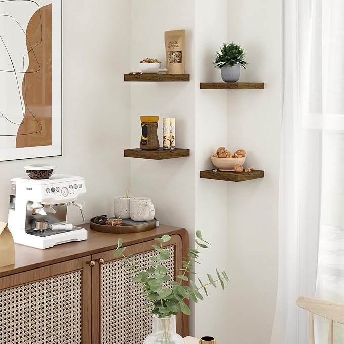 Fun Memories Floating Shelves for Wall - 7.5 Inch Square Shelves with Invisible Brackets, Brown Small Wall Shelf for Living Room, Bathroom, Bedroom, and Kitchen Decor，Set of 4