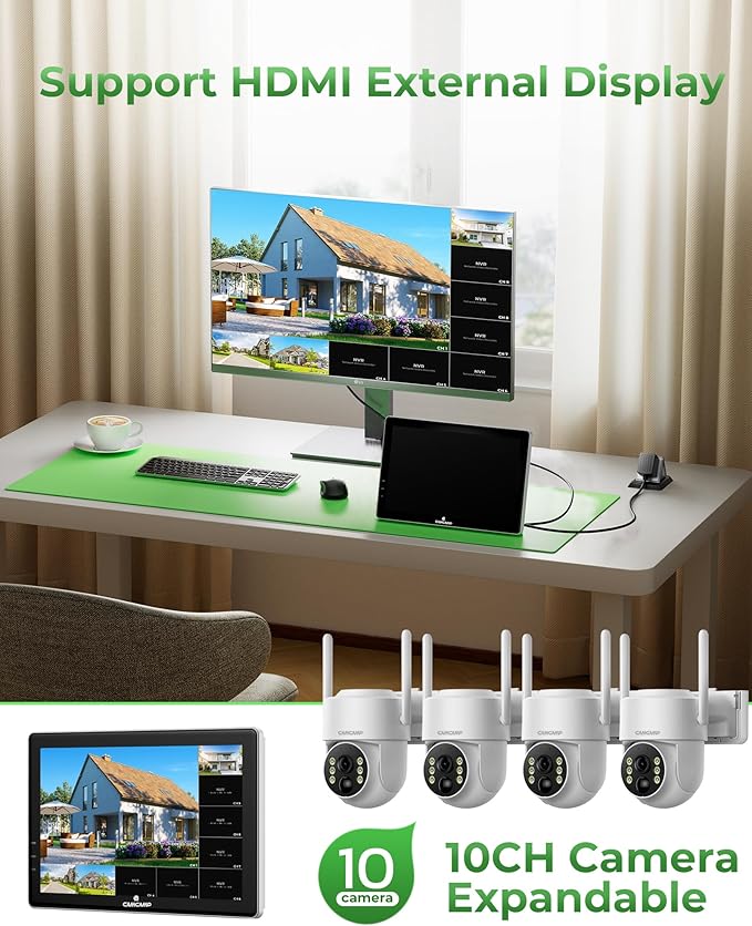 CAMCAMP Solar Security Cameras Wireless Outdoor with 10" Monitor, 10CH NVR 2K Solar Home Security Camera System with 360° Color Night Vision,2-Way Audio,500GB Local Storage,No Monthly Fee,No Need WiFi