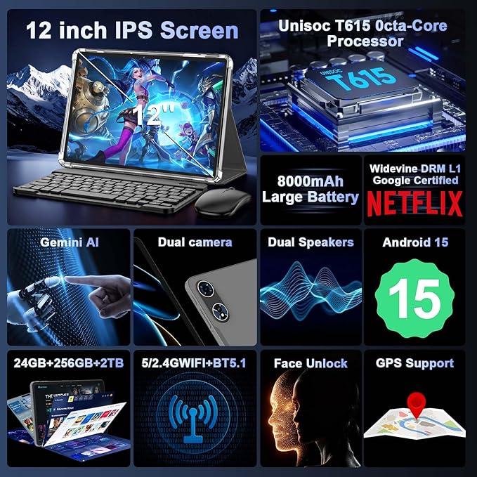 2026 12 Inch Tablet, Android 15 Tablets with Keyboard, 24GB+256GB+2TB Expand, 2K Display, Tablet PC with 5G WiFi, Octa-Core, 8000mAh, BT5.0, GMS, GPS, 2 in 1 Tablets with Case, Mouse, Stylus(Pink)