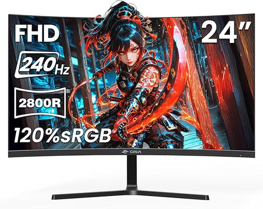 CRUA 24” 240Hz Gaming Monitor, Curved FHD 1920 x 1080P, Support 120% sRGB, AMD FreeSync, Low Motion Blur, Wall Mount Installs Compatible, for Office and Games(HDMI 2.0 & DP 1.4) – Black