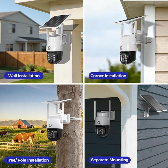 xmartO 4MP QHD Wireless PTZ Solar Security Camera Outdoor/Indoor for Homes, WiFi 6 5G Dual Band, Wire-Free Easy Installation, No Monthly Fee (Wall/Ceiling/Corner/Tree/Pole Installation, SDK4034)