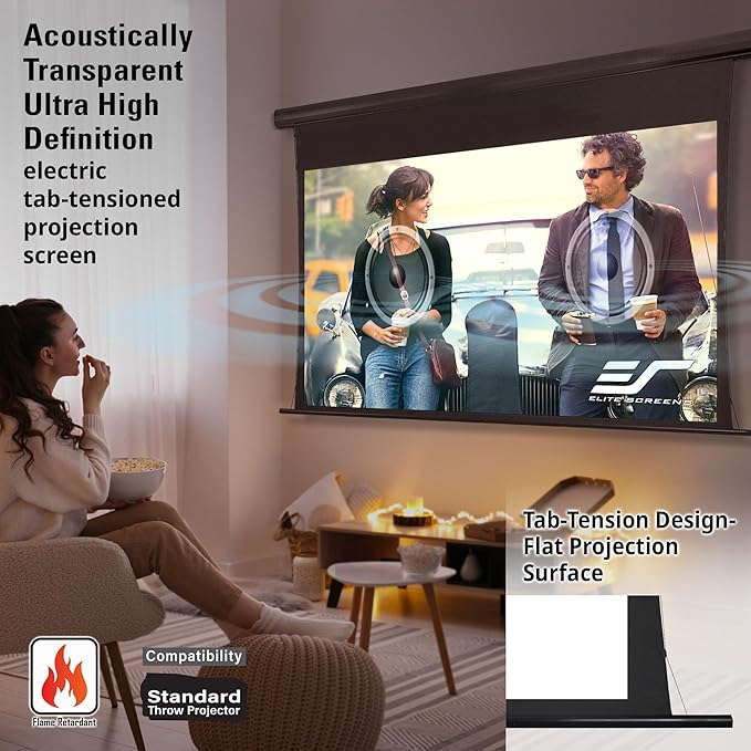 Elite Screens Saker Tab-Tension AcousticPro UHD Series, 120" Diagonal 16:9, 4K/8K Ultra HD Electric Sound Transparent Perforated Weave Drop Down Front Projector Screen, SKT120UH2-E20-AUHD