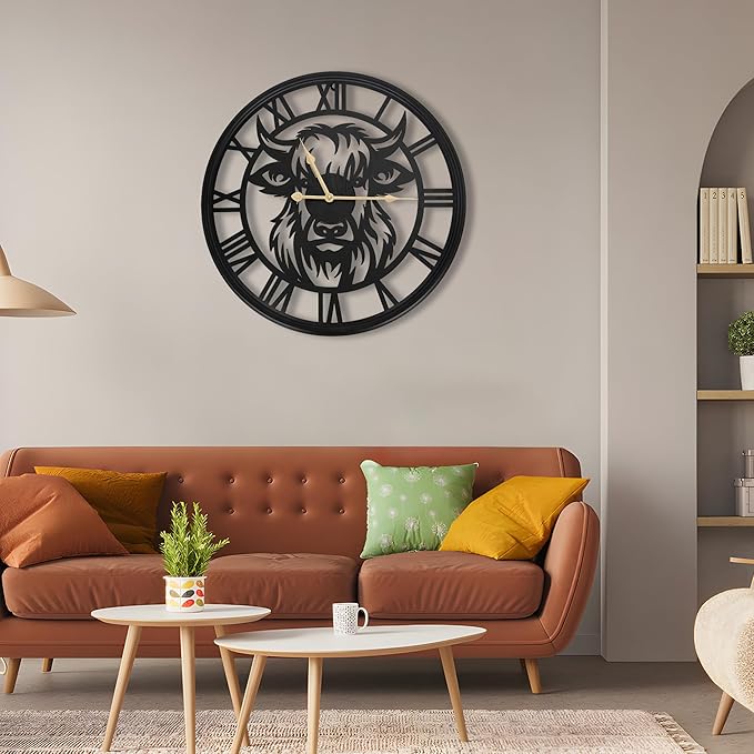 16inch Large Wall Clocks for Living Room Decor,Wall Clocks Battery Operated, Black Slient Metal Decorative Wall Clock for Bedroom, Kitchen, Dining Room (Highland Bull Wall Clock, 16 Inch)