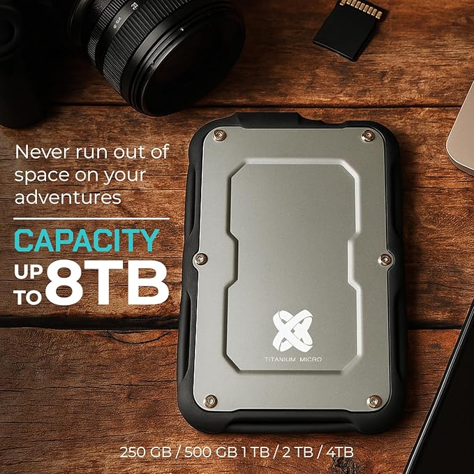 Titanium Micro 4TB External SSD, Titanium One Portable SSD - Up to 550MB/s, USB 3.2 Gen 2 USB-C USBA, Rugged IP66 Water Resistance, Drop Proof, External Solid State Drive Storage for PC Mac Smartphone