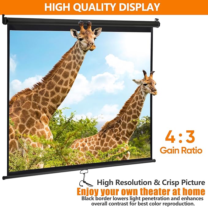 ZENY Portable Projector Screen Pull Down, 72 Inch 4:3 Video Projection Screen Home Theater, Retractable Projector Screen, Moive Screen Indoor Outdoor, Wall Mount (72'' 4:3 Black)