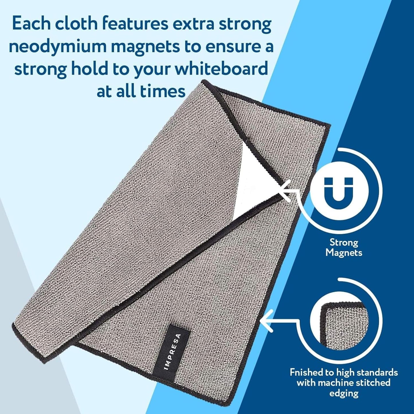 Impresa Magnetic Microfiber Dry Erase Cloth Erasers - 10 in x 10 in, 4-Pack, White, Reusable & Washable - Strong Magnet Grip for Whiteboards & More - Teacher Supplies & Classroom Must Haves