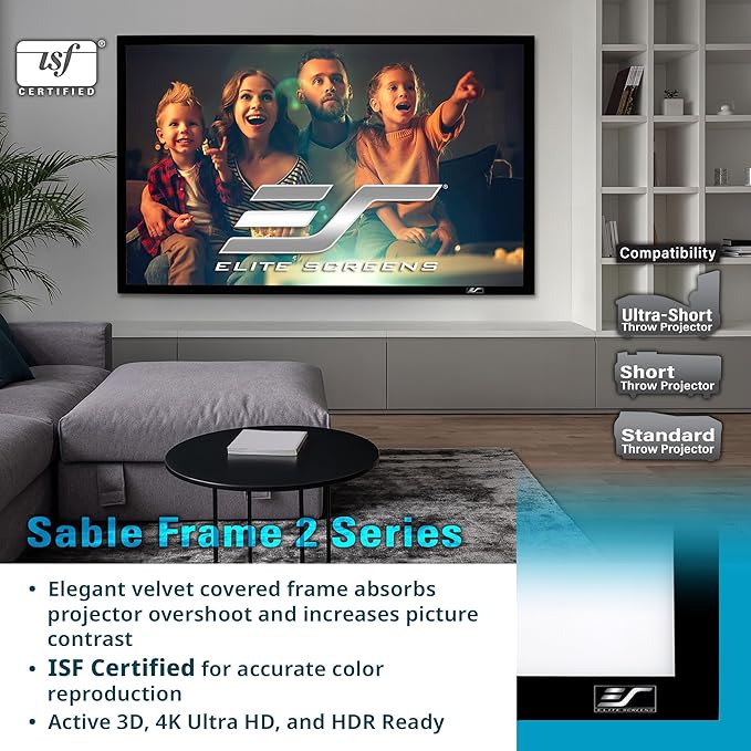 Elite Screens Sable Frame 2, 158-inch Diagonal 2.35:1, Active 3D 4K Ultra HD Ready Fixed Frame Home Theater Movie Office Presentations Indoor Front Projection Projector Screen, ER158WH2-WIDE, Black