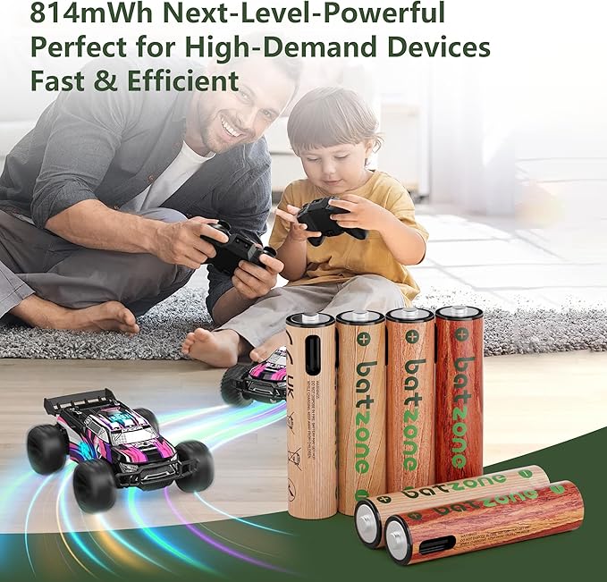 Rechargeable AAA Batteries, 814mWh AAA Batteries Lithium, Long Lasting USB C AAA Rechargeable Battery, 4 Pack with 1 USB-C 2-in-1 Charging Cable Over 1000+ Cycles