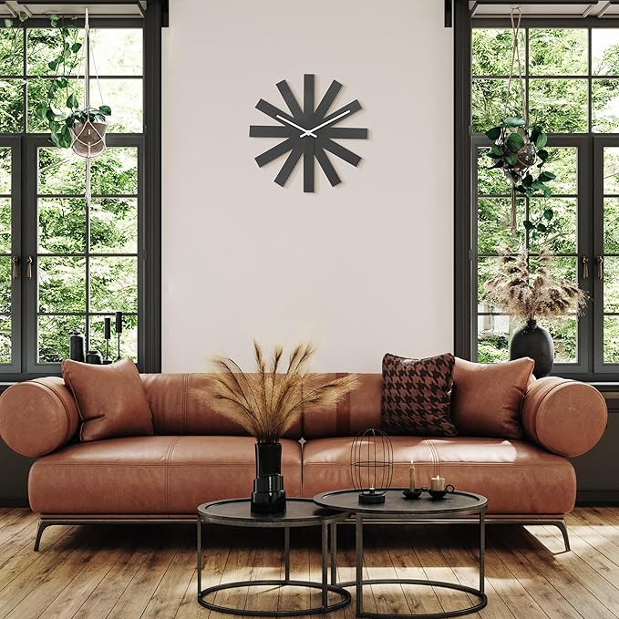 BEW Wall Clock, 14 in Mid Century Modern Wall Clocks Battery Operated, Unique 3D Frameless Black Metal Wall Clock Silent Non Ticking for Kitchen, Bedroom, Office, Outdoor, Living Room Decor