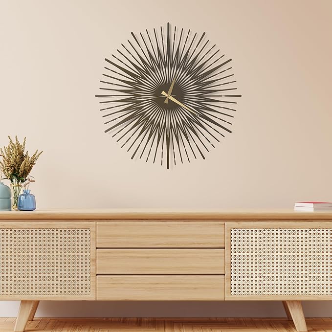 Sun Rays Wall Clock, Large Metal Decorative Wall Clock, Modern Minimalist Wall Decor (Bronze, Small)