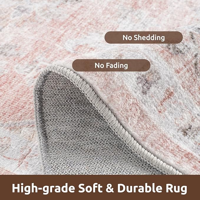 AMOAMI 4x6 Soft Vintage Area Rug - Non-Slip Washable Rug for Living Room, Bedroom, Dining Room, Office - Pink