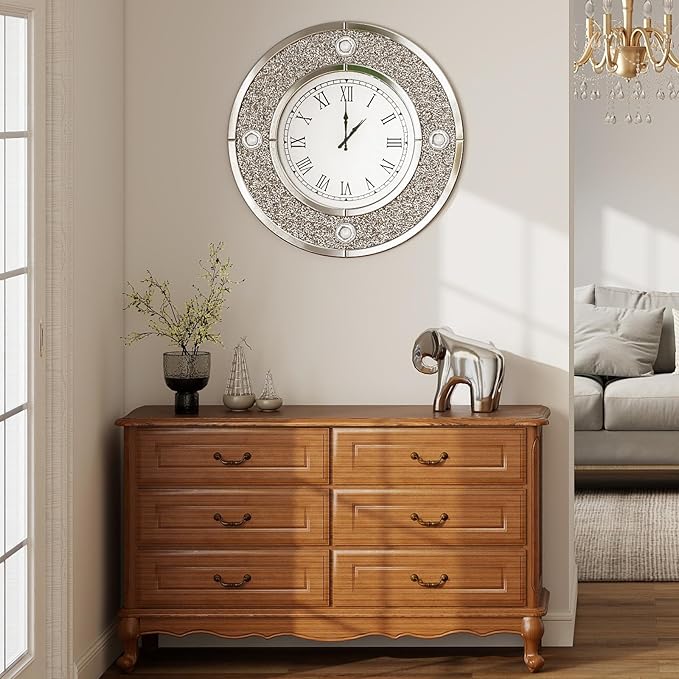 COSVALVE Mirror Wall Clock with Crystal, 20 Inch Large Silver Glass Clock for Wall Living Room, Big Decorative Wall Clock with Crushed Diamond Decor, Luxury Bling Wall Decor
