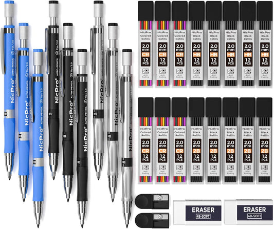 Nicpro 29 Pieces 2mm Mechanical Pencil Set, 9 PCS Drafting Carpenter Pencils 2.0 mm for Art Drawing Sketching construction with 192 Lead Refills Pre-Sharpen HB & 2B & Colors, 2 Erasers, 2 Sharpener