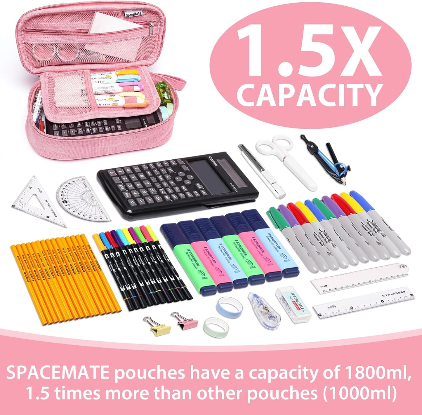 Pencil Case Pouch Box Bag School Supplies Girls Boys Kids, Cute Preppy Stuff Large Big Capacity Aesthetic Pen Organizer, Back to College Stationary, Rosy Pink, Heavy Duty Canvas, 1800ml