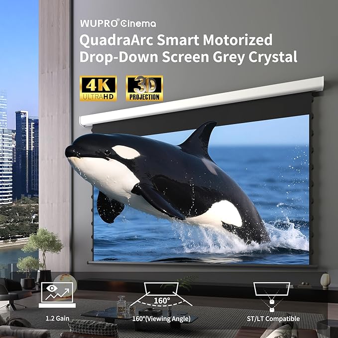 QuadraArc Motorized Projector Screen, Gray Crystal 4K Electric Drop Down Screen, Wall & Ceiling Mount, Compatible with ST/LT Projectors up to 1600 ANSI Lumens 133"