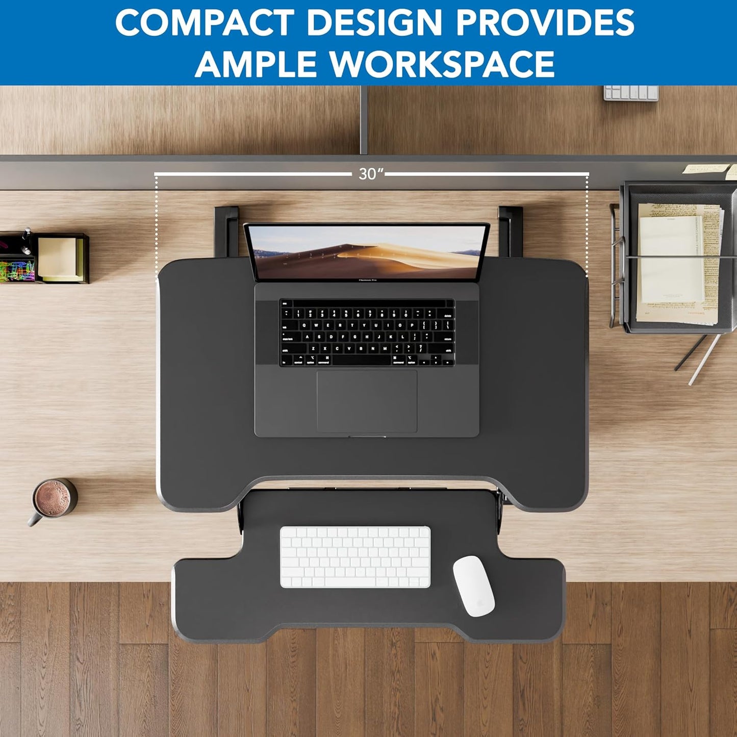Mount-It! Height Adjustable Standing Desk Converter, Compact 30” Wide Tabletop Standing Desk Riser with Gas Spring, Desktop Stand Up Workstation with Keyboard Tray Fits Monitor or Laptop, Black