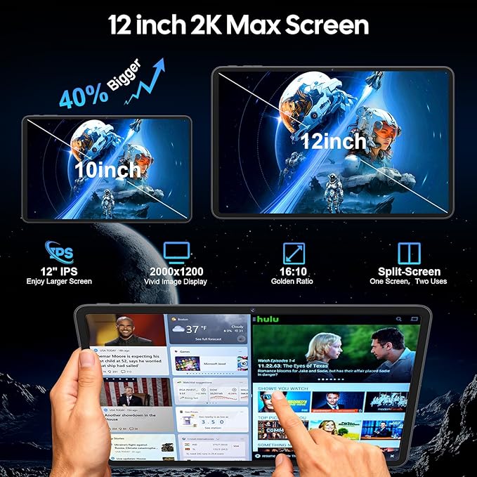2026 12 Inch Tablet, Android 15 Tablet with Keyboard, 24GB RAM, 256GB ROM, 2TB Expand, 2000x1200 Screen, Octa-Core, 8+16MP Camera, 8000mAh, 5G Wifi, 2K Tablet with Case, Stylus, Mouse (Silver Case)
