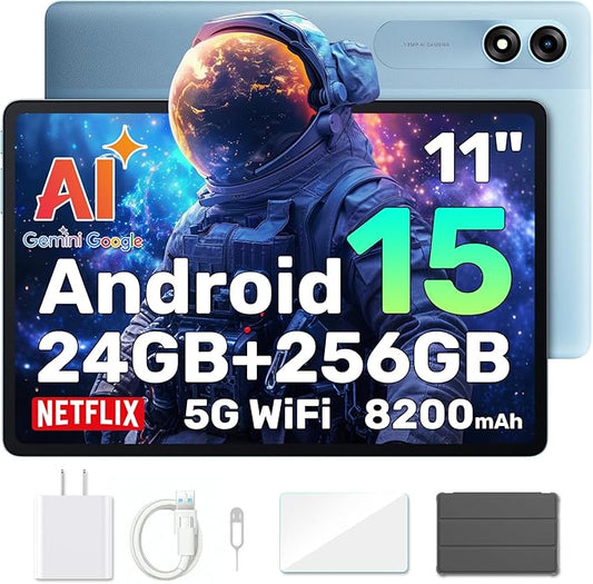 Blackview Android 15 Tablet with Gemini Ai, Android Tablet 11 inch with 24GB+256GB/2TB TF, 5G WiFi Tablets, Octa Core CPU, 8200mAh, 2K Incell Screen, 13MP+8MP Camaras/Face ID, Blue