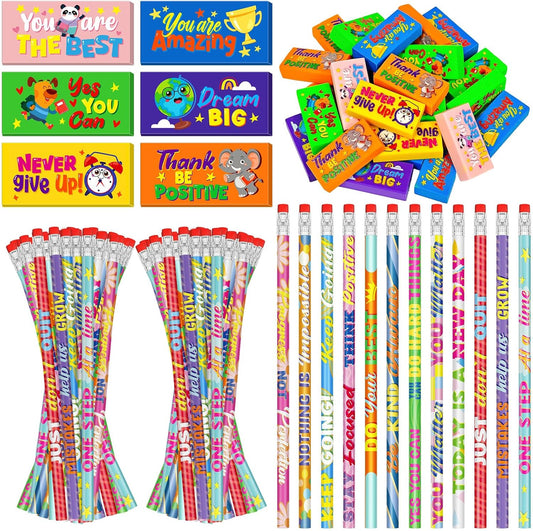 Cinrobiye 100 Pcs Inspirational Pencils with Erasers for Kidsï¼Motivational Pencil Erasers Bulk Back to School Gifts Supplies Party Favor Goody Bag Fillers for Students Classroom Teacher Prizes Reward