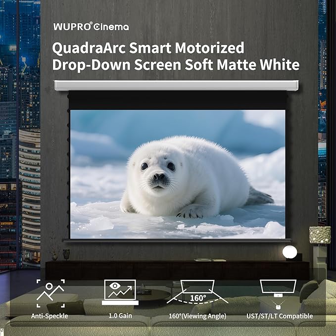 QuadraArc Motorized Drop Down Projector Screen 16:9 White Matt, Wall & Ceiling Mount, Electric Pull Down Screen with Remote Control, Compatible with All Projectors 92"