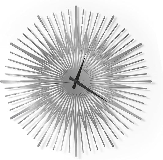 Sun Rays Wall Clock, Large Metal Decorative Wall Clock, Modern Minimalist Wall Decor (Silver, Medium)