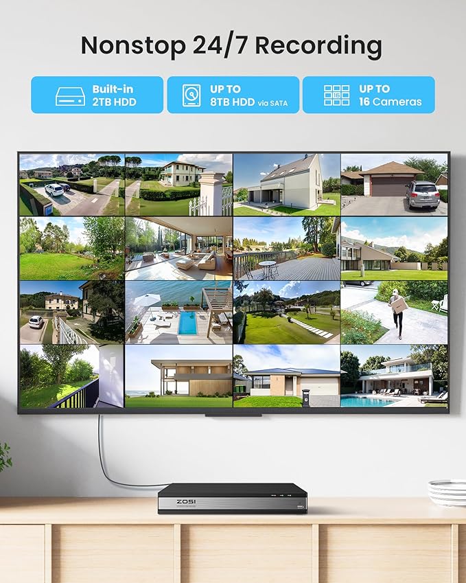 ZOSI H.265+ 1080p 16 Channel Home Security Camera Outdoor Indoor, 16CH CCTV DVR with AI Human Vehicle Detection and 16 x 1080p Surveillance Bullet Camera, 100ft Night Vision, 90° View Angle, 2TB HDD