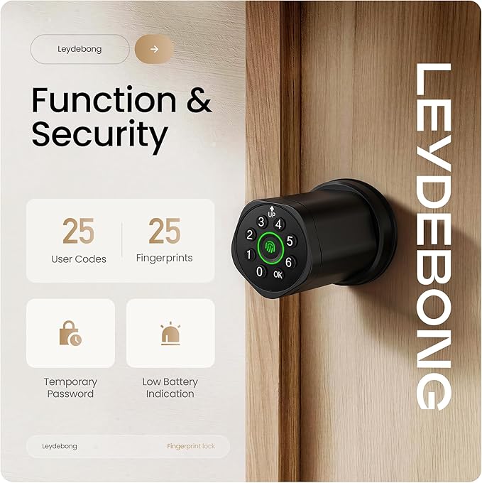 Leydebong 4-in-1 Keyless Entry Door Lock with Fingerprint and Keypad - Smart Door Knob with App Control and Mechanical Key - Easy Installation Electronic Lock for Front Door in Matte Black