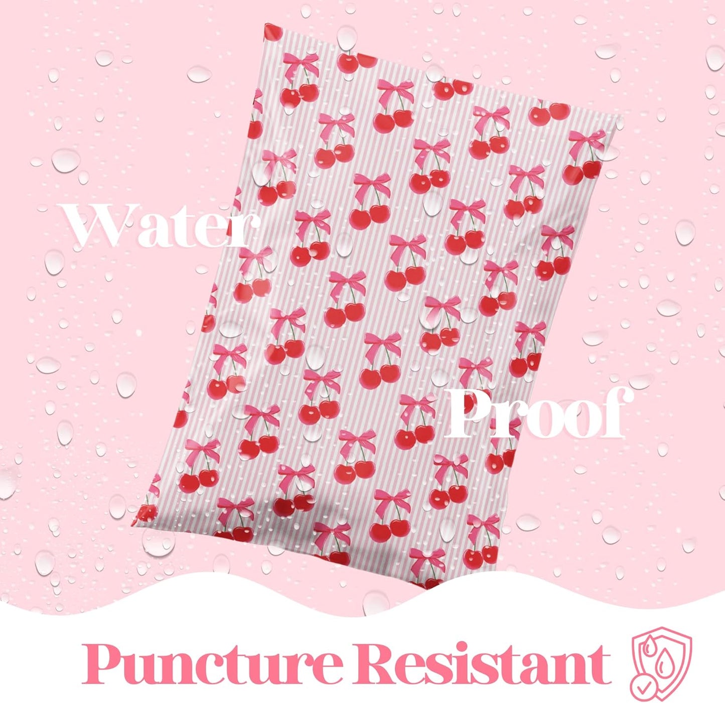 10x13 Designer Poly Mailer 100 Pack Heavy Duty Waterproof Self Seal Shipping Bags for Small Business Large Mailing Envelopes Bulk Tear Resistant Packaging Pink Stripe Cherry Fruit