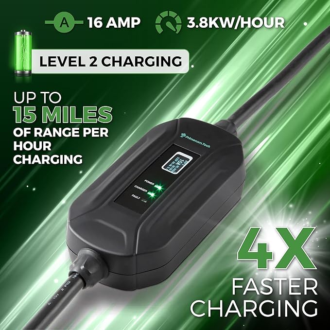 PRIMECOM Level 2 Electric Vehicle (EV) Charger (220V / 240Volt, 16Amp) Portable EVSE Smart Electric Car Charger, 30', 40', and 50 Feet Lengths (NEMA 6-30P, 50 Feet)