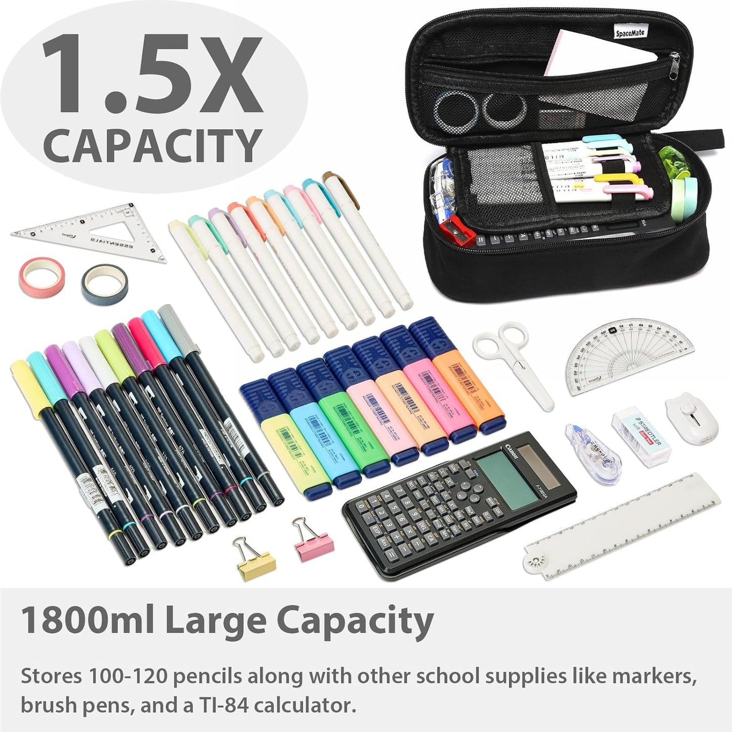 Pencil Case Pouch Box Bag School Supplies Girls Boys Kids, Cute Preppy Stuff Large Big Capacity Aesthetic Pen Organizer, Back to College Stationary, Coal Black, Heavy Duty Canvas, 1800ml