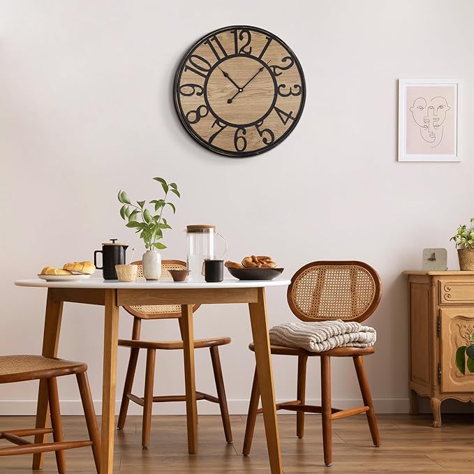 Maxstar Large Wall Clock Silent Bronze Rustic Farmhouse Metal & Wood with Arabic Numeral, Battery Operated Wall Clocks Decorative for Living Room Bedroom Office Home Decor 24inch
