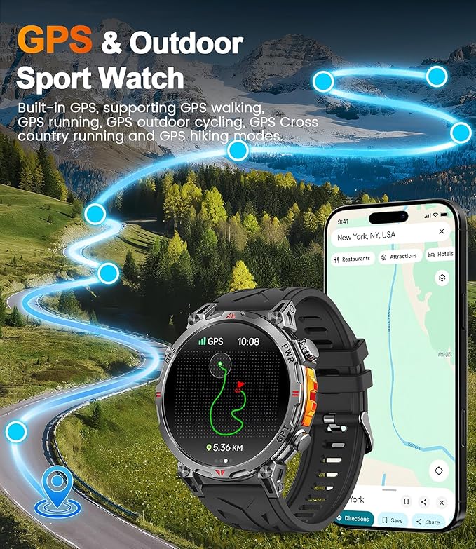Military Smart Watches for Men GPS, 1.56" AMOLED Screen Bluetooth Call, Smartwatch for Android Phones and iPhone, 100+ Sport Modes, 3ATM Waterproof Smart Watch with Compass