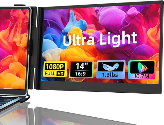 Laptop Screen Extender, 1.3lb Ultra Lightweight 14" 1080P FHD Portable Monitor for Laptop, Plug & Play Dual Travel Screen Monitor, Laptops Dual Monitors Attachment, Fits Windows/Mac/Android/Chrome