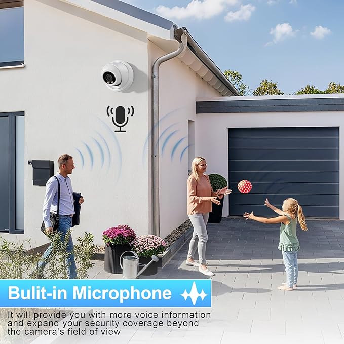 UltraHD 8MP PoE Camera, Turret Wired IP Security Camera Outdoor Indoor, Built-in Mic/Audio, 2.8mm Wide Angle 110°, Human/Vehicle Detection, Fully Works NVR, IND8BR97A (White)