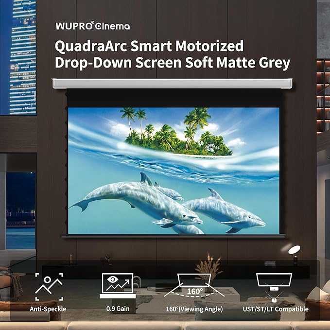 QuadraArc Motorized Drop Down Projector Screen 16:9 Gray Fabric, Wall & Ceiling Mount, Electric Pull Down Screen with Remote Control, Compatible with All Projectors 133"