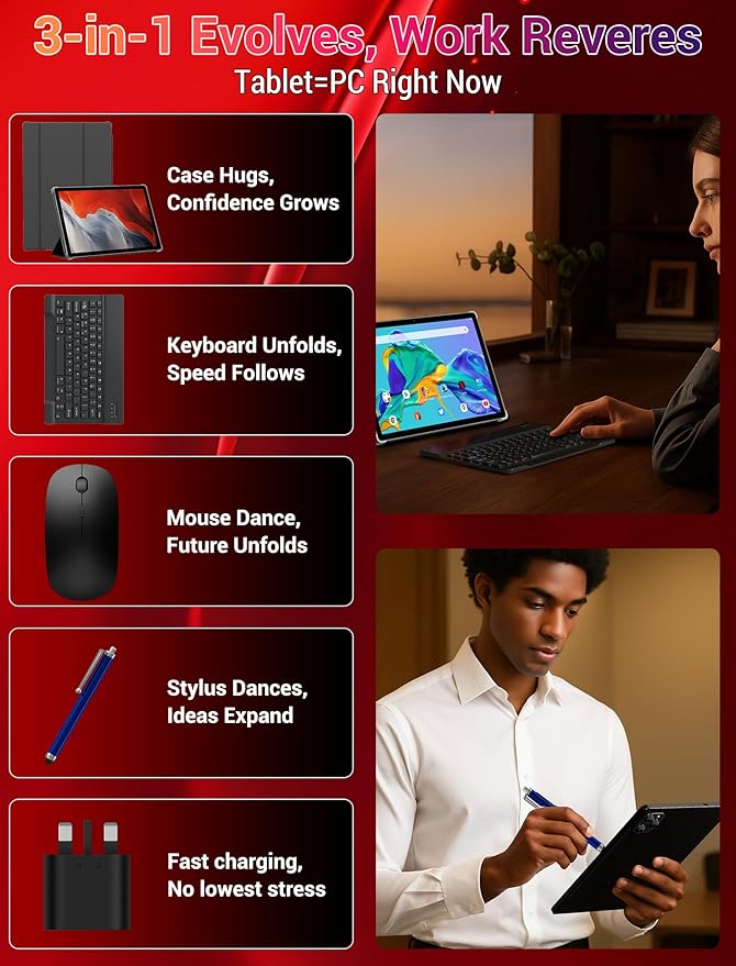2025 Android 15 Tablet 11 Inch with Keyboard Stylus Mouse: 2K IPS Tablette (2000x1200) 丨Widevine L1,36GB+256GB(1TB TF), 5G/2.4G WiFi, 8-Core, 8000mAh,8+13MP, AnTuTu 255K丨GMS丨FCC丨CE- Black