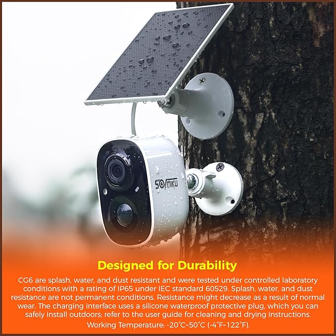 SOVMIKU CG6 Best Solar Security Camera Wireless Outdoor, Battery Powered Cam, Easy to Setup,PIR Motion Detection, Two Way Audio, Audible Flashlight Siren,2.4GHz Wi-Fi, Color Night Vision, SD Slot