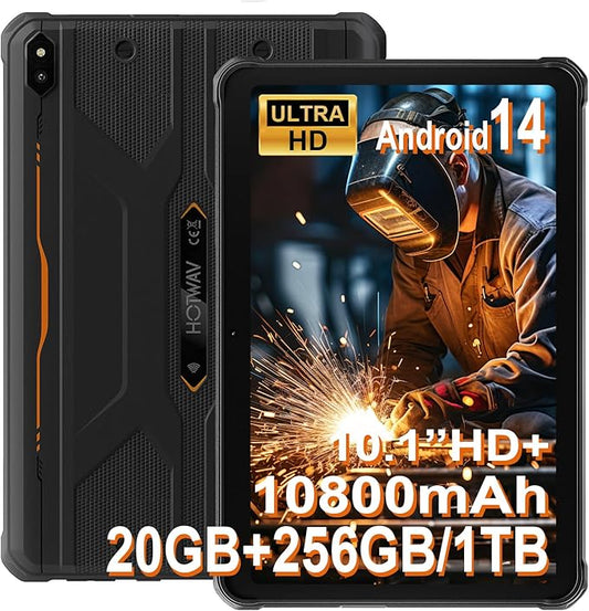 HOTWAV R10 Pro Rugged Tablet, 20GB + 256GB/TF 1TB Android 14 Tablet, 10.1inch HD+ Waterproof Tablets, 10800mAh Battery, 13MP Camera, Octa-Core/Dual SIM 4G/WLAN 5/IP68&IP69K/Face ID/GPS/OTG