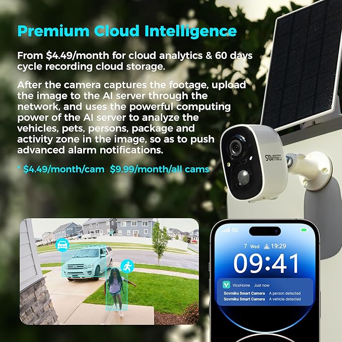 SOVMIKU 3CG6 2K Solar Security Camera Wireless Outdoor, PIR Motion Detection, Battery Powered, Easy to Setup,Two Way Audio,Audible Flashlight Siren,2.4GHz Wi-Fi,Color Night Vision,SD Slot,Vicohome