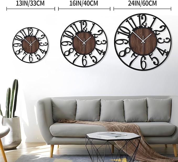 LEIKE Large Wall Clocks for Living Room,Silent,Non Ticking,Battery Operated Oversized Vintage Round Modern Wood Wall Clock for Bedroom,Farmhouse,Office Home Decor-24 Inch(Black-Arabic Number)