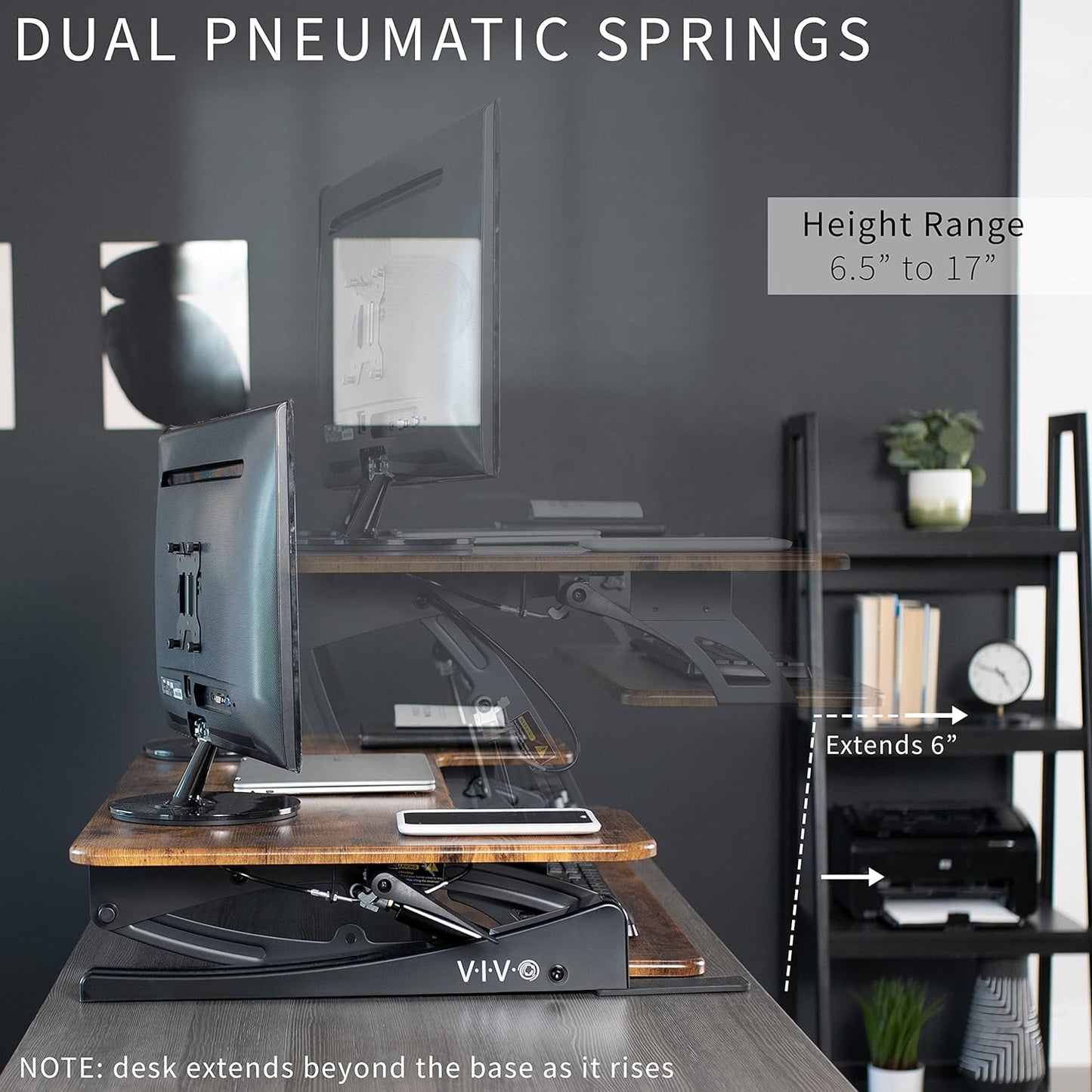 VIVO 36 inch Height Adjustable Stand Up Desk Converter, V Series, Quick Sit to Stand Tabletop Dual Monitor Riser Workstation, Rustic Vintage Brown Top, Black Frame, DESK-V000VN