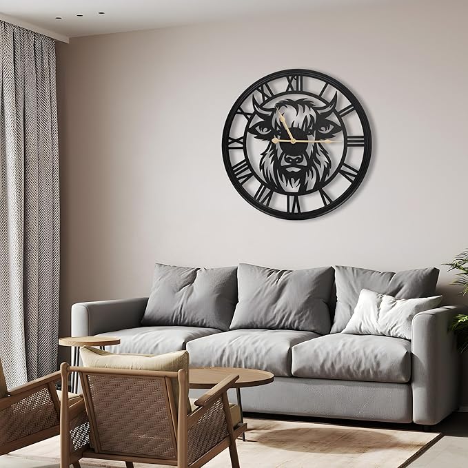 30inch Large Wall Clocks for Living Room Decor,Big Wall Clocks Battery Operated, Slient Black Metal Decorative Oversized Wall Clock for Bedroom, Kitchen (Highland Bull Wall Clock, 30 Inch)