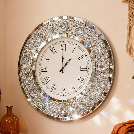COSVALVE Mirror Wall Clock with Crystal, 20 Inch Large Silver Glass Clock for Wall Living Room, Big Decorative Wall Clock with Crushed Diamond Decor, Luxury Bling Wall Decor