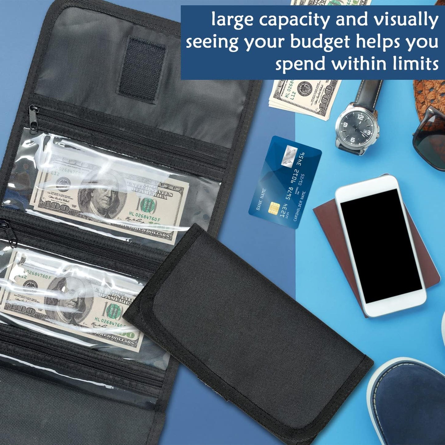 VOCHIC Money Wallet, Money Organizer for Cash with 6 Zippered Pocket Multipack Money Pouch, Cash Bill Organizer, Money Bag Small Travel Money Holder for Budgeting, Receipt and Tips (Black)