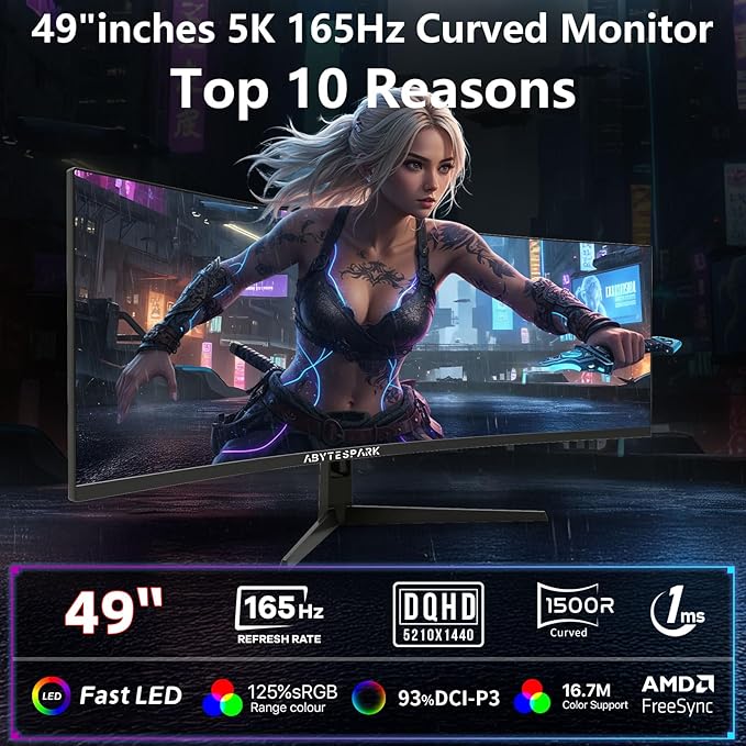 49 Inch Curved Ultra Wide Gaming Monitor, 5K (5210x1440P), 144Hz/165Hz 1500R, 32:9 127% sRGB, FreeSync, Height Adjustable Screen Monitor, HDMI 2.1 And DP 1.4, Supports Wall Mounted Installation