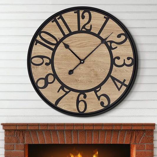 Maxstar Wall Clock for Living Room,Metal & Wood Silent Rustic Farmhouse with Arabic Numeral, Battery Operated Wall Clocks Decorative for Bedroom Office Home Decor 13inch Black
