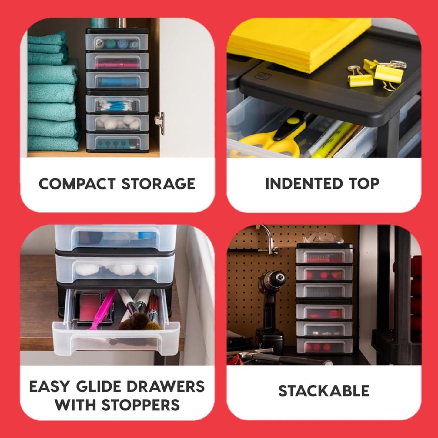 IRIS USA Plastic Stacking Desk Top 3-Drawer Storage Organizer, 4-Pack, for Makeup Vanity Nail Polish Bathroom Stationery Art Craft Supplies Kitchen Office Garage and Small Organization, Small, Black