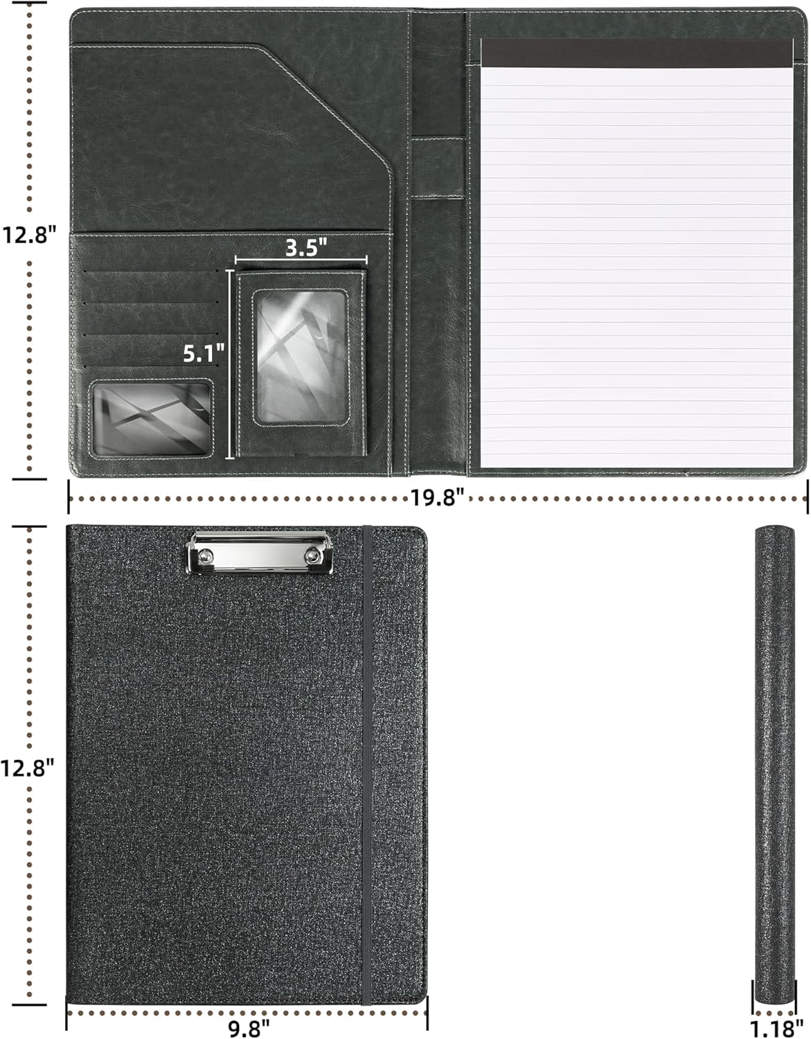 Leather Padfolio with Clipboard Folio Folder Padfolios for Women Black Sparkle Binder with Notepad