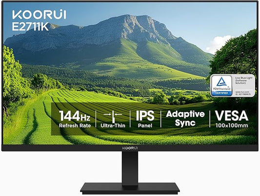 KOORUI 27 Inch Gaming Office Monitor 144Hz IPS Display, FHD 1080P with FreeSync, Eye Care TÜV Rheinland Certified with Slim Bezels, HDMI VGA Ports, Ergonomic Tilt, VESA Mount, Black